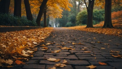 Wall Mural - A leaf-strewn path in autumn, offering a serene setting with ample space for text or design.