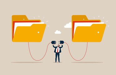 Businessman connect between folder. Arrange online data or paperwork concept, file management, coding to exchange information for website. Modern vector illustration in flat style