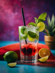 Wall Mural - A refreshing summer scene with a mojito and red cocktail on a colorful backdrop, ready for your text or design.