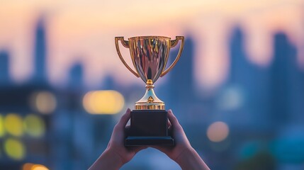 Canvas Print - A person's hands hold up a gold trophy cup against a blurry cityscape background.