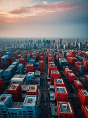 Canvas Print - Abstract cityscape with red and blue buildings.