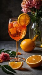 Wall Mural - Aperol Spritz with floral garnish in a bright yellow glass.