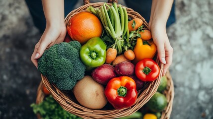 Poster - A basket of fresh produce is being held by a person.