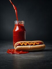 Poster - Artistic zigzag ketchup drizzle next to a hotdog.