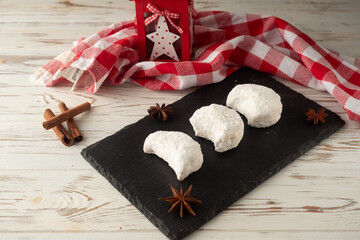 Home baked German Austrian traditional Christmas cookies vanilla crescents. Holiday concept