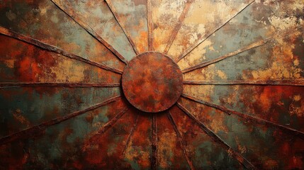 Abstract Rusty Metal Sunburst Wall Art with Textured Surface and Radiating Lines in Earthy Tones