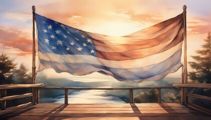 A flag draped over a railing, with the background fading into a soft, neutral color to empha 