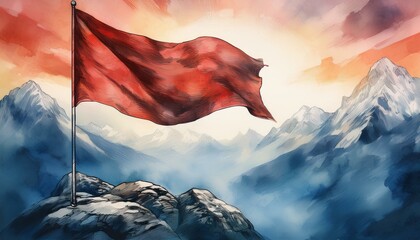 Wall Mural - A flag standing tall on a mountain peak, with the background blurred to highlight the flag a