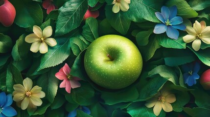 A juicy green apple rests amidst a bed of green leaves and colorful flowers, evoking a sense of freshness and vitality.