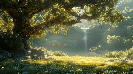 Wall Mural - Serene Waterfall and Swing in a Lush Forest