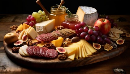 Wall Mural - A premium charcuterie spread featuring an array of fine cheeses, honeycomb, sliced apples, a