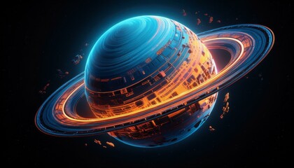 Wall Mural -  A pixelated blue and orange planet with rings, floating in space with a clear black background 