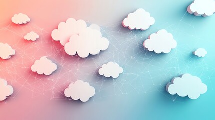 White cloud icons on a blue and pink gradient background.