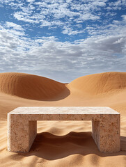 Low angle photo, empty product podium, placed on a sand, sand dunes in background, blue skyes, highly detailed product photography