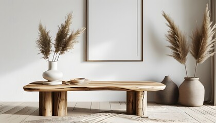 Stylish interior mockup featuring a white room with natural wooden table and elegant decor accents