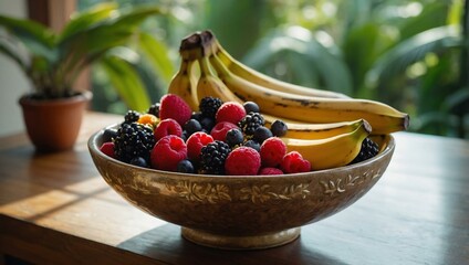 Bright fruit bowl with berries, bananas, and flowers in a tropical setting.