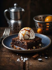 Wall Mural - Brownie with ice cream and spices on a rustic plate.