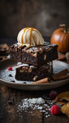 Sticker - Brownie with ice cream, a rustic fall dessert.