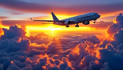 Wall Mural - Sunset silhouette of a commercial airplane soaring through dramatic clouds, showcasing the beauty of flight in the evening sky