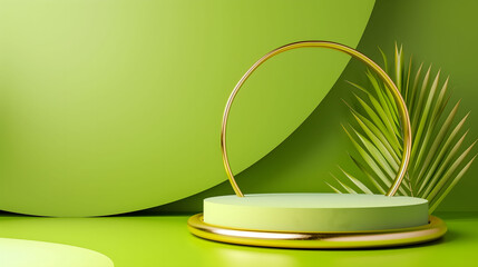 Wall Mural - Light Green Podium with Golden Circular Frame for Products Display