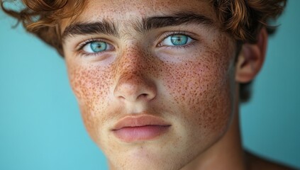 Sticker - Close Up Portrait of Young Man with Blue Eyes and Freckles