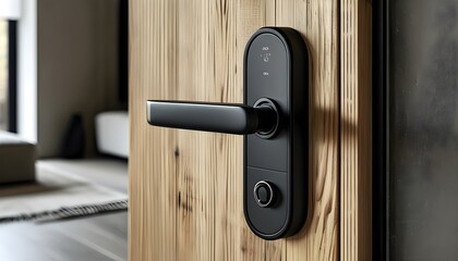 Sleek modern smart lock with glossy black finish on natural wood door blending minimalist and brutalist designs