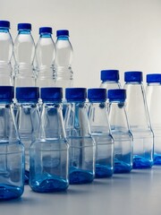 Wall Mural - Clear plastic bottles with blue pumps on a white backdrop.