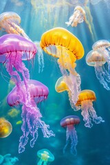 A group of jellyfish are floating in the ocean. The jellyfish are of different colors, including pink, yellow, and purple. The scene is peaceful and serene