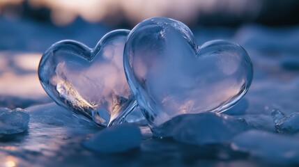 Wall Mural - Hyperrealistic frozen ice hearts on winter surface - perfect for valentine's designs