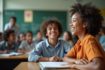 two students sit in front of a classroom with a teacher and a teacher.