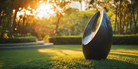 a modern sculpture in a sunlit garden, surrounded by lush greenery and vibrant nature, creating a se