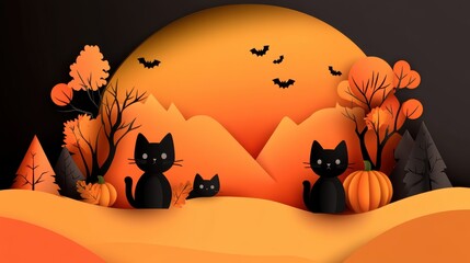 A whimsical autumn scene featuring playful black cats amidst vibrant orange pumpkins and colorful seasonal trees against a sunset.