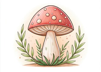 Delicate, whimsical illustration of a small, stylized mushroom with bold lines and soft colors, perfect for a subtle, charming tattoo design or minimalist graphic element.