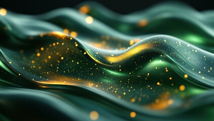 Poster - Abstract Green Waves with Golden Sparkle