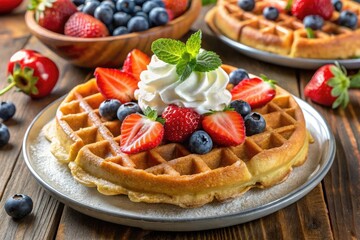 Delicious crispy and fluffy waffle bubbles served with fresh strawberries, blueberries, and whipped cream, perfectly lit to highlight morning breakfast or brunch delight.