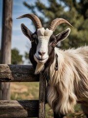 Wall Mural - Curious Goat Peering Over Rustic Wooden Fence - Surrounded by Crayons and Sketches