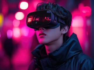 Wall Mural - Young Man in VR Headset, Immersed in Digital World