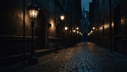 Canvas Print - Dark alley with flickering gas lamps in a gothic atmosphere.