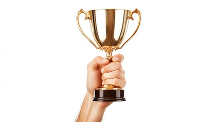 Canvas Print - A hand holding a gold trophy cup against a white background.