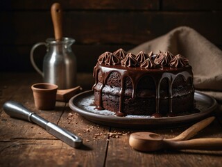 Wall Mural - Decadent Chocolate Cake with Fondant and Baking Tools on Rustic Wooden Table