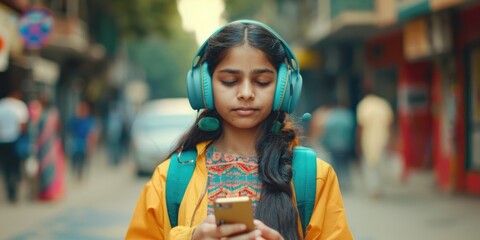 Sticker - A young woman listening to music on her phone in a vibrant street setting.