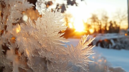 Wall Mural - Serene winter sunrise with frost patterns on window glass