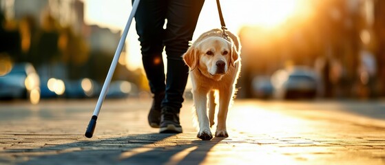 A person walking a guide dog on a sunny day, showcasing companionship and support in a vibrant urban environment.