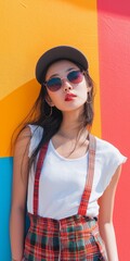 Wall Mural - A woman wearing a white shirt and red plaid skirt stands in front of a colorful wall. She is wearing sunglasses and a hat, and her hair is styled in a bun. Concept of casual elegance