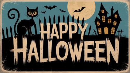 halloween background with cat and bats