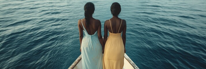 Two women are standing in a boat in the ocean. They are wearing dresses and holding hands. The water is calm and the sky is clear