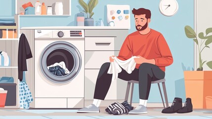 A man sitting on a chair in a laundry room, folding clothes while waiting for the washing machine to finish its cycle