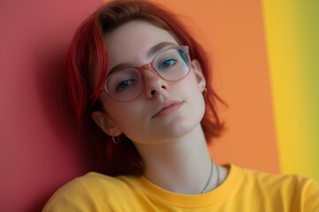 Wall Mural - A non-binary person with red hair and glasses is wearing a yellow shirt. She is looking at the camera with a serious expression