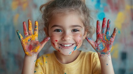 A child smiling proudly at their messy art project, their hands and face covered in paint, demonstrating the joy and satisfaction of creative expression.