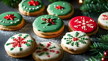 Wall Mural - Festive assortment of decorated Christmas cookies showcasing vibrant green and red icing, embodying joy and holiday spirit